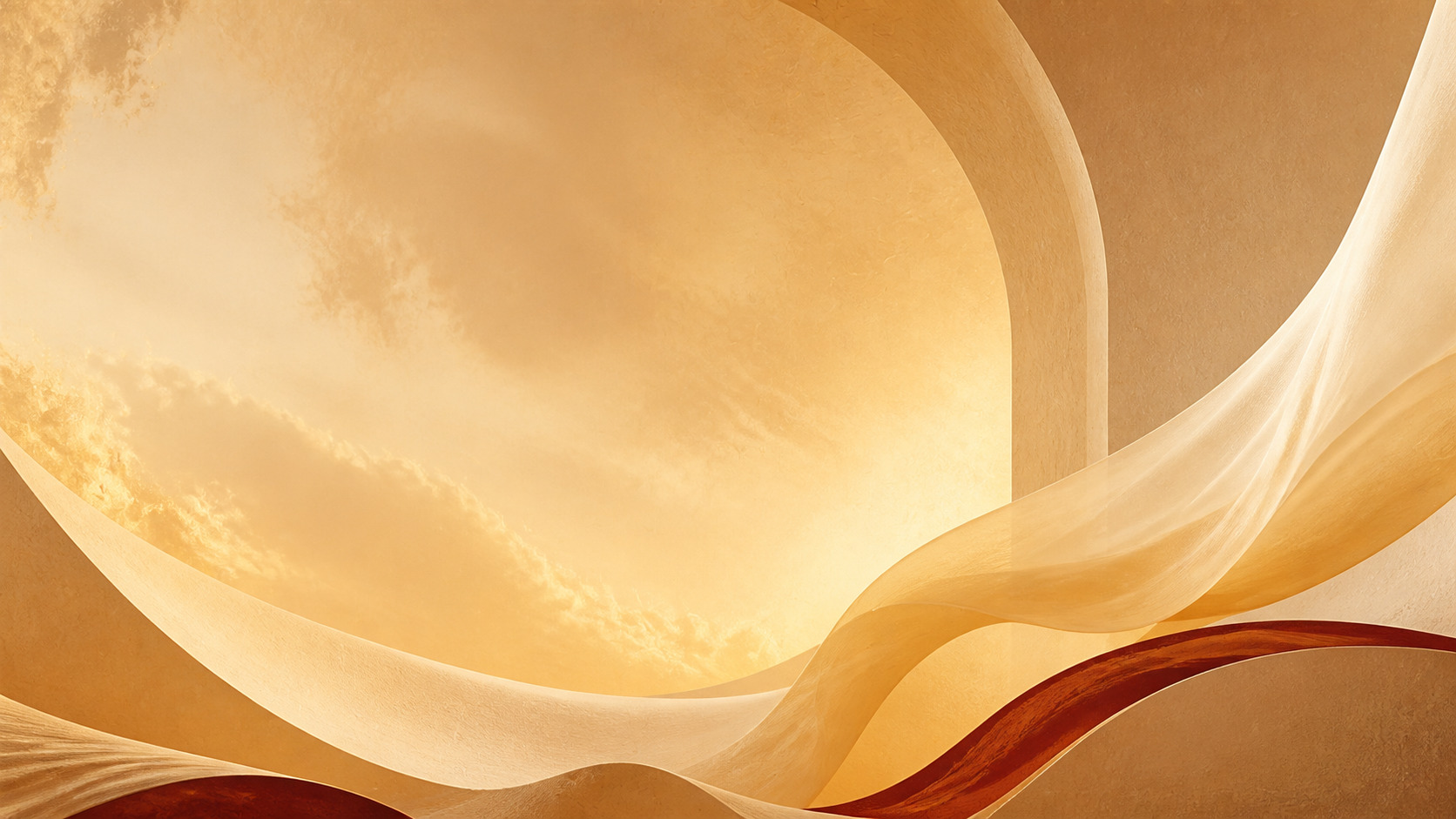 An abstract art space with golden arches and flowing fabric